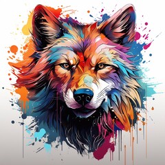 Wolf head with colorful splashes and blots. illustration. Generative AI