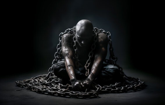 A man in chains over dark background, concept of struggle and liberation