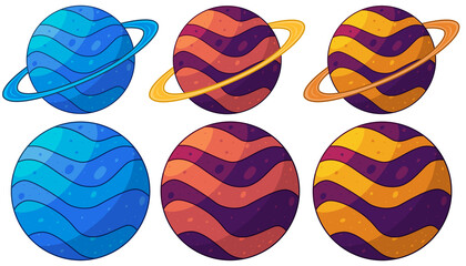 set de ilustraciones de varios planetas aislados con anillos y sin anillos en colores azul, naranja y amarillo con purpura, ilustracion de cuerpos celestes, espacio © Santy Valdes