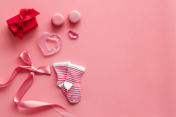 Gender party - boy or girl - pink baby girl accessories, top view