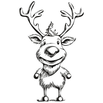 recommend clip art: Cartoon Sketch of Christmas Reindeer, deer Hand Drawn Vintage Engraved, black white isolated Vector ink outlines template for greeting card, poster, logo, invitation