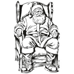 Santa Claus Vintage Engraved Silhouette Classic Christmas Sketch in Black and White, black white isolated Vector ink outlines template for greeting card, poster, invitation, logo
