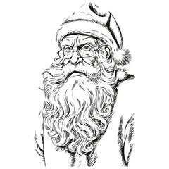 Santa Claus Vintage Engraved Silhouette Detailed Sketch, Classic Father Christmas Art, black white isolated Vector ink outlines template for greeting card, poster, logo