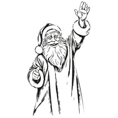 Santa Claus waving and greeting Sketch in Ink Hand-Drawn Vintage Style, Detailed Art for the Season, black white isolated Vector ink outlines template for greeting card, poster, invitation, logo