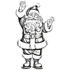 Santa Claus waving and greeting Line Art Drawing Hand-Drawn Vintage, Classic Design for Seasonal Art, black white isolated Vector ink outlines template for greeting card, poster, invitation, logo