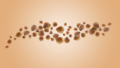 Buckwheat flying on light orange background. Grains in air, banner design