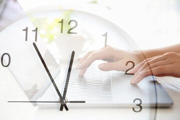 Time concept. Double exposure of woman working on laptop and clock