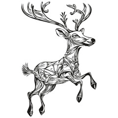 Vintage Style Christmas Reindeer, deer Hand Drawn Sketch Engraving, black white isolated Vector ink outlines template for greeting card, poster, invitation, logo