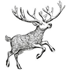 Vintage Style Christmas Reindeer, deer Hand Drawn Sketch Engraving, black white isolated Vector ink outlines template for greeting card, poster, invitation