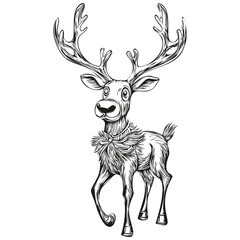 Vintage Style Christmas Reindeer, deer Hand Drawn Sketch Engraving, black white isolated Vector outlines template for greeting card, poster, invitation