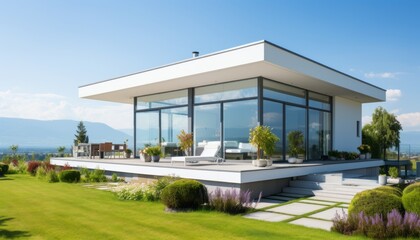 Fototapeta na wymiar Exquisite modern white house nestled amidst majestic mountains, featuring a refreshing pool