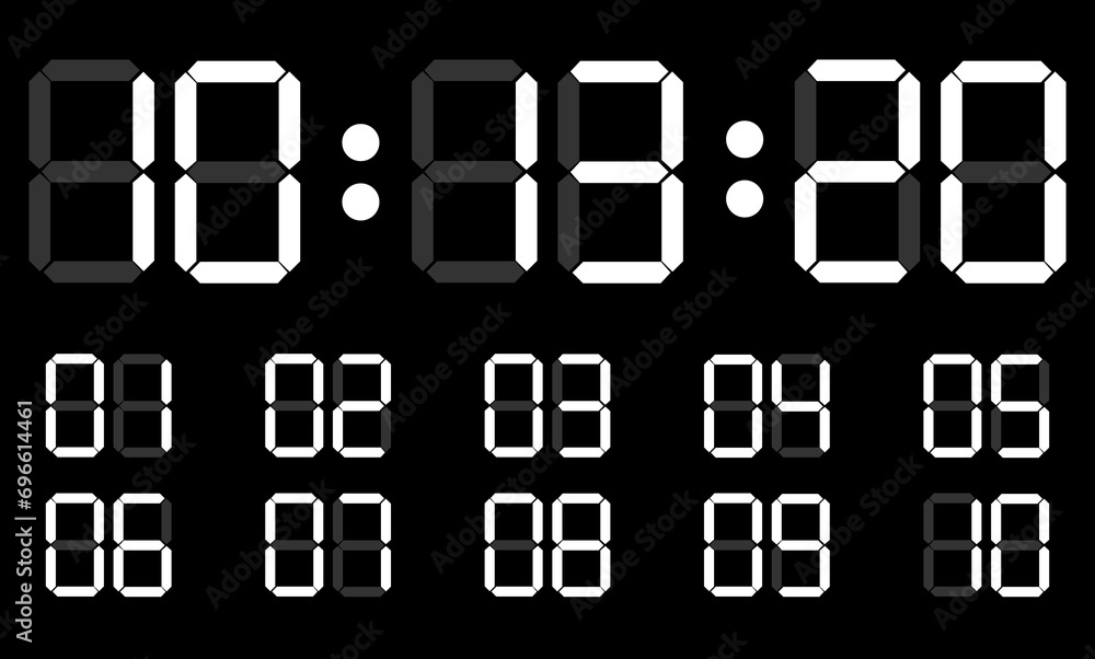 Poster a digital clock and a set of white numbers on a black background. electronic numbers. digital white 