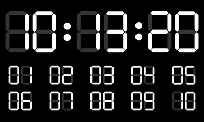 A digital clock and a set of white numbers on a black background. Electronic numbers. Digital white glowing numbers. Vector illustration. eps10