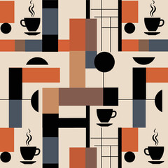 Abstract vector geometric composition of circles, lines and rectangles in asymmetrical repeating seamless pattern on coffee theme