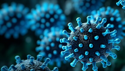 Fototapeta na wymiar Flu covid 19 virus cell on dark blue backgroundconceptual image of coronavirus and influenza.