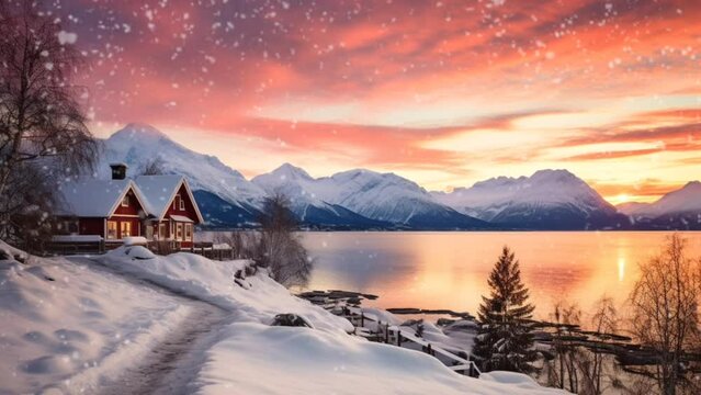 Winter landscape in the mountains at sunset with a wooden house and snow covered lake. seamless looping  time-lapse virtual video animation background. 
