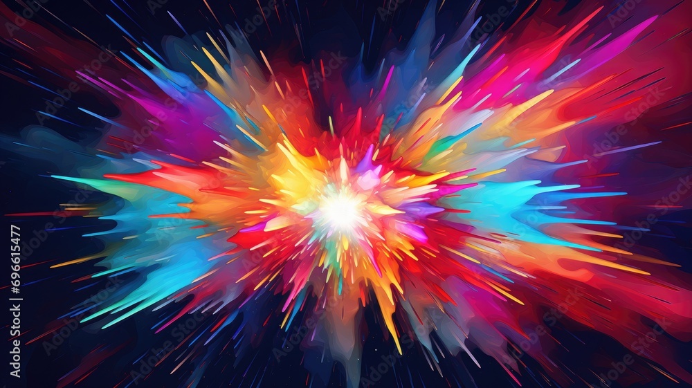 Poster explosion of colors in a dynamic abstract splatter on a dark background