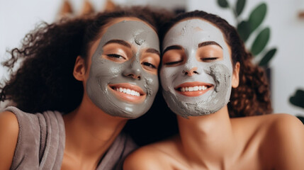 Two happy brunette women doing facial masks, relaxing and having fun. Spa procedures for youth and beauty of facial skin. Ecological cosmetics for self-care. Care for youth