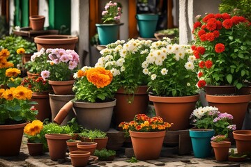 Fototapeta na wymiar Flowers in pots in the garden.-