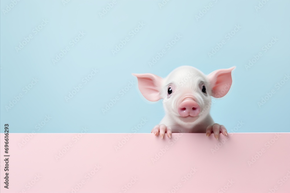 Poster stylish and cheerful pig on solid pastel background with copy space for text placement