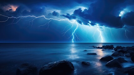 Spectacular lightning storm over the ocean at night