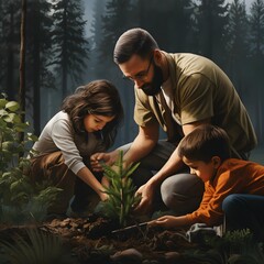 Family planting trees in forest