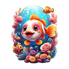 Sticker isolated cute fish on sea nature background. Transparent background. Generative AI