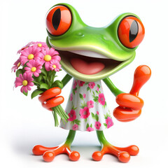 great 3d illustration of a funny red eyed tree frog wearing a dress with flowers - 696616853