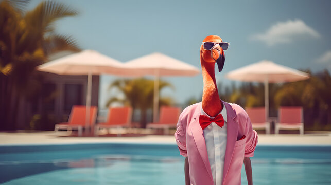 A flamingo in a pink shirt at the pool. Abstract animal concept. The bird stands and poses like a man. Summer composition.