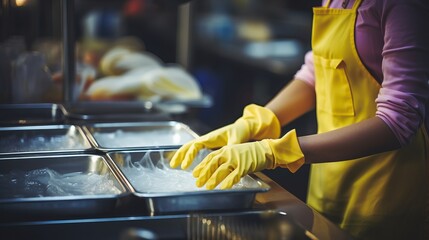 Close up of white tableware  girl washing dishes in bright industrial kitchen with yellow gloves - obrazy, fototapety, plakaty