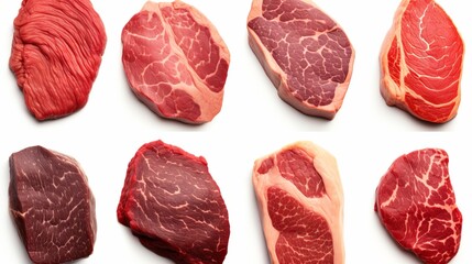 Assortment of succulent raw steaks in various cuts, top viewIsolated on a pristine white background. - obrazy, fototapety, plakaty