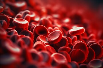 Abstract blood cells close up on blurred background with copy space for text placement - obrazy, fototapety, plakaty