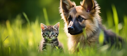 Playful kitten and dog frolicking on sunny lawn with blurred background   copy space for text