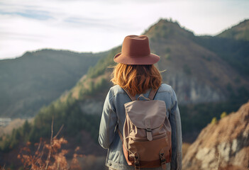 Lady traveler with rucksack holding cap and looking at astonishing mountains and timberland hunger for new experiences travel concept space for content climatic epic minute 