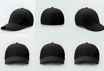 Set of Four Views of Black Baseball Cap, Isolated on White Background, Hat Mockup