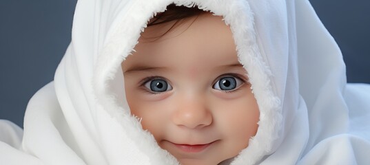 curious toddler with blue eyes peeking from under white blanket, copy space for text placement