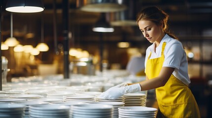Close up of white tableware  girl washing dishes with yellow gloves in bright industrial kitchen - obrazy, fototapety, plakaty