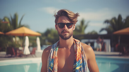 A handsome guy enjoying on the edge of the pool during a warm summer day.  Vacation summer concept. - obrazy, fototapety, plakaty
