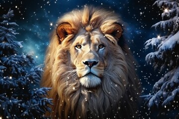 Very beautiful lion close-up, Christmas, snow, moon stars, garland, Christmas tree with generative ai