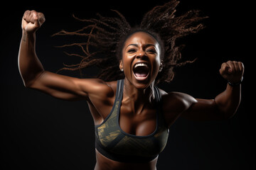 Obraz premium Pretty dark-skinned athletic young woman cheers while doing sports