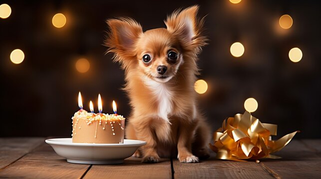 Puppy with birthday cake and candles on defocused background, perfect for pets birthday concept