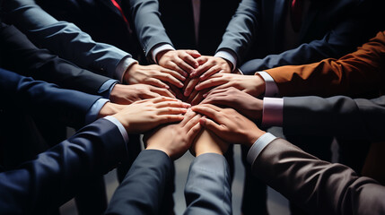 businessmen in a circle place their hands on top of each other