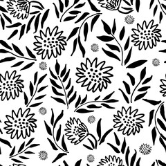 Seamless pattern modern abstract flowers and leaves chamomiles.  Hand drawn vector botanical background.  Black  ink illustration with floral motif.