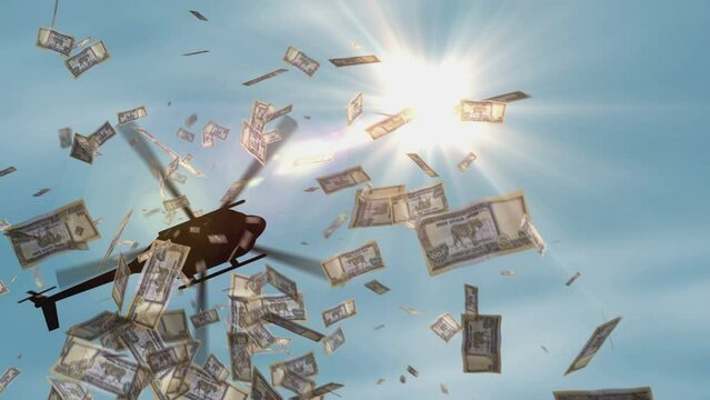 Nepal money Nepali rupees banknotes helicopter money dropping. 500 NPR notes abstract 3d concept of inflation, money printing, finance, economy, crisis and quantitative easing.