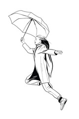 Original contour vector illustration. A girl in flight with an umbrella in her hands.