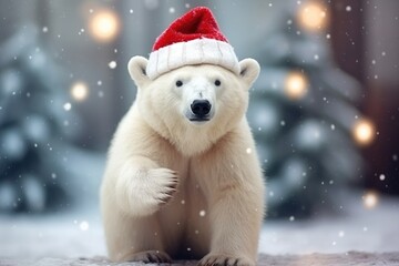 Happy polar bear in winter and christmas festival in north pole comeliness