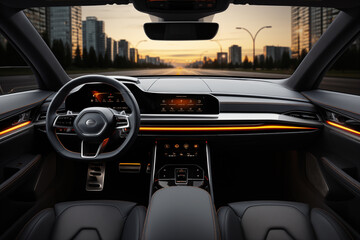 dashboard of a super luxury electric car with view through the windscreen on a city street