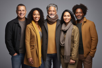 Fototapeta premium Individuals in casual wear on a light gray background, conveying a relaxed and approachable vibe. Generative Ai.