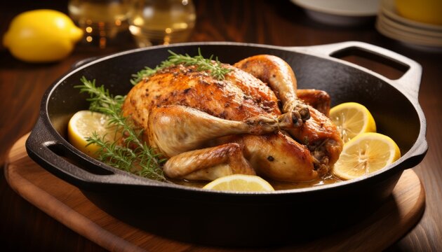 Tempting and mouthwatering roast chicken sizzling in a pan, creating a tantalizing aroma