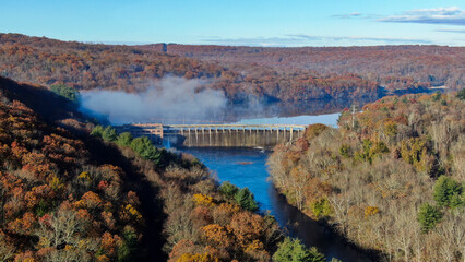 Drone view of a river valley in fall